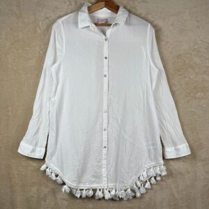 St. Tropez White Crinkle Cotton Tunic Top Crochet Trim Tassels Long Slv Size Med